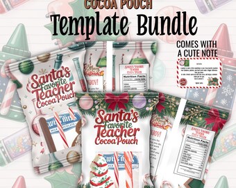 Paquete de plantillas para bolsitas de cacao "Maestra favorita de Papá Noel" de 11 x 8,5 y 17 x 11 x 8,5 (tutorial incluido)