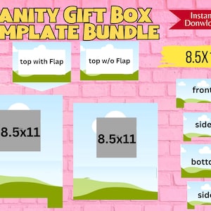 May include: A template bundle for creating vanity gift boxes. The image shows a pink brick background with a variety of box templates, including a top with flap, a top without flap, a front, a side, and a bottom. The templates are labeled with the dimensions 8.5x11 inches.