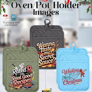 Könnte beinhalten: Drei Ofenhandschuhe mit humorvollem Text. Einer ist grau mit "Wanna Taste my Secret Sauce?", ein anderer ist grün mit "Rated R for Real Good Recipes" und der letzte ist blau mit "Whisking you a Merry Christmas".