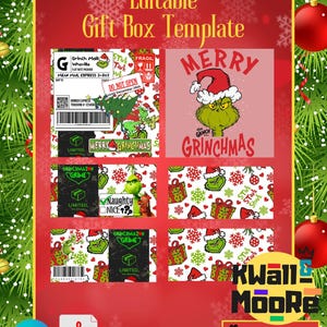 Puede incluir: Plantilla de caja de regalo editable con el Grinch. La plantilla incluye un patr&oacute;n con tem&aacute;tica del Grinch con copos de nieve, corazones y cajas de regalo. La plantilla est&aacute; disponible en tres tama&ntilde;os: 8x8x4, 8x8x8. La plantilla est&aacute; dise&ntilde;ada para usar con Canva y est&aacute; disponible para descargar en PDF.