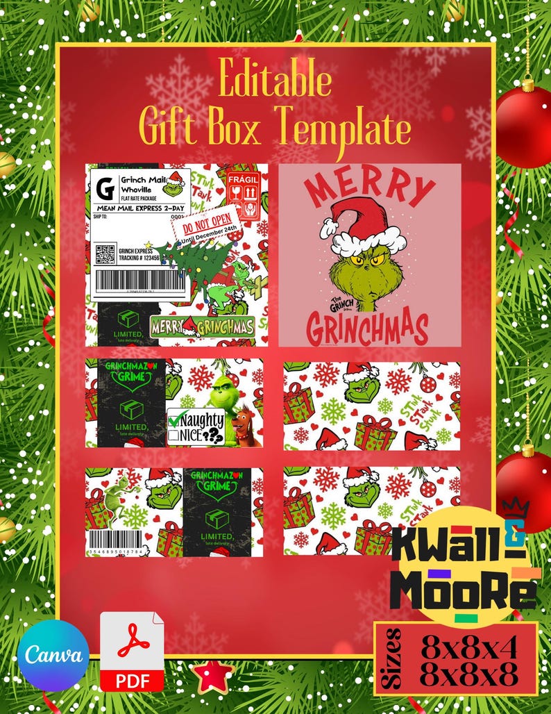 Puede incluir: Plantilla de caja de regalo editable con el Grinch. La plantilla incluye un patr&oacute;n con tem&aacute;tica del Grinch con copos de nieve, corazones y cajas de regalo. La plantilla est&aacute; disponible en tres tama&ntilde;os: 8x8x4, 8x8x8. La plantilla est&aacute; dise&ntilde;ada para usar con Canva y est&aacute; disponible para descargar en PDF.