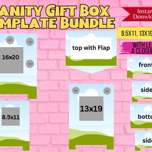 Może przedstawiać: Zestaw szablonów do tworzenia pudełek prezentowych w stylu toaletki z nóżkami i klapą zamykającą. Zestaw zawiera szablony pudełek w trzech rozmiarach: 8,5 x 11 cali, 13 x 19 cali i 16 x 20 cali. Szablony przedstawiają błękitne niebo z białymi chmurami i zieloną trawą.