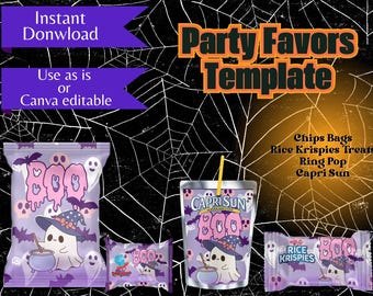 May include: Printable Halloween party favour bag templates featuring a cute ghost design with the text "Boo" in a dripping font. The templates are for crisps bags, Rice Krispies treats, Ring Pops, and Capri Sun.