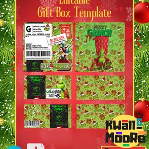 Puede incluir: Plantilla de caja de regalo editable con tem&aacute;tica del Grinch con un patr&oacute;n verde y rojo. La plantilla incluye un personaje del Grinch, un &aacute;rbol de Navidad y el texto "Merry Grinchmas". La plantilla est&aacute; disponible en tres tama&ntilde;os: 8x8x4, 8x8x8.