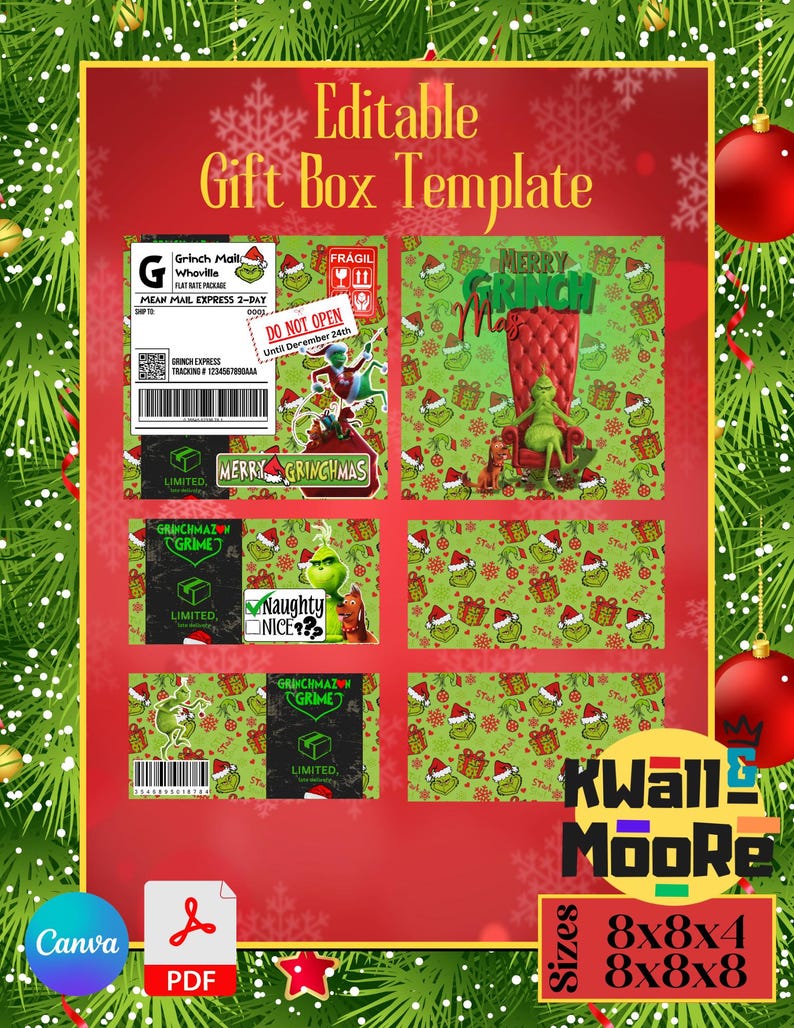 Puede incluir: Plantilla de caja de regalo editable con tem&aacute;tica del Grinch con un patr&oacute;n verde y rojo. La plantilla incluye un personaje del Grinch, un &aacute;rbol de Navidad y el texto "Merry Grinchmas". La plantilla est&aacute; disponible en tres tama&ntilde;os: 8x8x4, 8x8x8.
