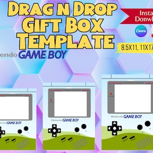 May include: A printable drag and drop gift box template featuring a Nintendo Game Boy design. The template is available in three sizes: 8.5x11 inches, 11x17 inches, and 13x19 inches.