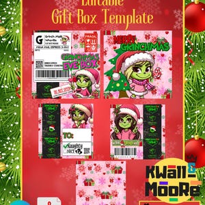 Puede incluir: Plantilla de caja de regalo imprimible con un personaje de Grinch sobre un patr&oacute;n de copo de nieve rosa y blanco. La plantilla incluye una etiqueta de env&iacute;o, una etiqueta de regalo y un dise&ntilde;o de caja. El texto en la plantilla dice "Grinchmas Eve Box" y "Merry Grinchmas".