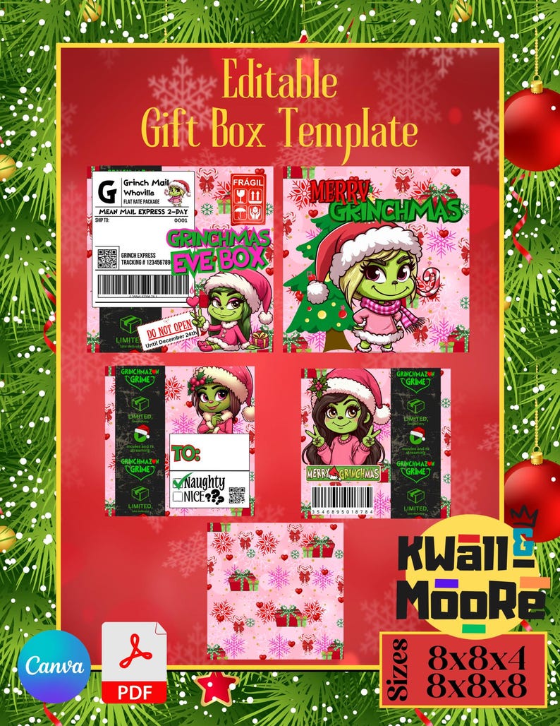 Puede incluir: Plantilla de caja de regalo imprimible con un personaje de Grinch sobre un patr&oacute;n de copo de nieve rosa y blanco. La plantilla incluye una etiqueta de env&iacute;o, una etiqueta de regalo y un dise&ntilde;o de caja. El texto en la plantilla dice "Grinchmas Eve Box" y "Merry Grinchmas".