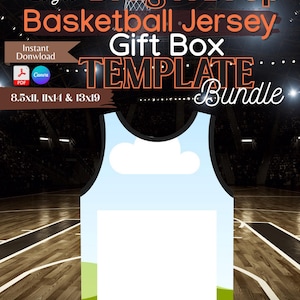 May include: A digital template bundle for a basketball jersey gift box. The design features a basketball jersey shape with a light blue sky and green grass design. Text includes "Drag N Drop Basketball Jersey Gift Box Template Bundle" and "3 sizes".