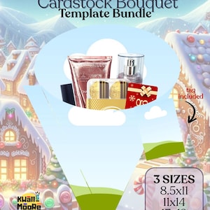 May include: A digital template bundle for cardstock bouquets, featuring a variety of sizes: 8.5x11, 11x14, and 13x19 inches. The image includes a selection of gift items, with the text "Drag N Drop Cardstock Bouquet Template Bundle".