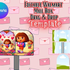 Puede incluir: Plantilla de buzón de correo de Walmart editable de arrastrar y soltar con un tema de Dora la Exploradora. El buzón está decorado con corazones y flores. La plantilla incluye un cielo azul con nubes y hierba verde.