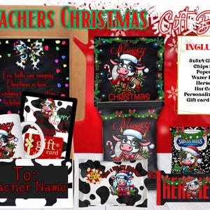 May include: A Christmas gift box for a teacher with a cow theme. The box includes a mug, a gift card, a bag of popcorn, a water bottle, a bag of Hershey's chocolate, a bag of hot cocoa mix, and a personalized mug. The box is decorated with a cow print and the words "Mooey Christmas".