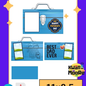 May include: A blue and yellow printable Father's Day card template with a toolbox design. The template includes a photo space, text, and a Happy Father's Day message. The card is 11 inches by 8.5 inches.