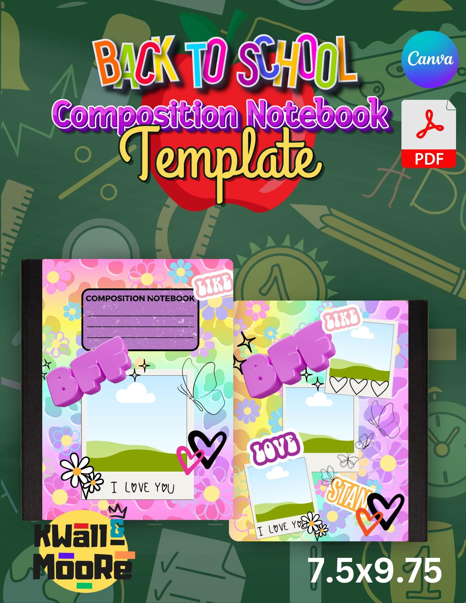 Editable Back 2 School BFF Composition Notebook Template, Back to School Mockup Template Included, Canva Link, PDF Link, Digital Files ONLY