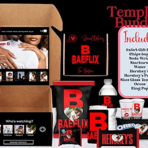 May include: A template bundle for a gift box with a black and red colour scheme. The bundle includes a gift box, crisps bags, soda wrap, Starburst, water, Hershey's, Hershey's purse, shot glass template, Oreos, and a Ring Pop. The gift box is decorated with the text "BAEFLIX" and a red "B".