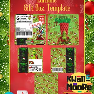 Puede incluir: Plantilla de caja de regalo imprimible con el Grinch de la pel&iacute;cula &iexcl;C&oacute;mo el Grinch rob&oacute; la Navidad!. La plantilla incluye un dise&ntilde;o con tem&aacute;tica del Grinch con el texto "Merry Grinchmas" y "To: Naughty Nice?" La plantilla est&aacute; disponible en tama&ntilde;os 8x8x4 y 8x8x8.