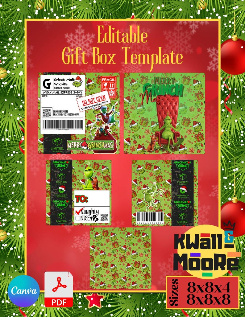 Puede incluir: Plantilla de caja de regalo imprimible con el Grinch de la pel&iacute;cula &iexcl;C&oacute;mo el Grinch rob&oacute; la Navidad!. La plantilla incluye un dise&ntilde;o con tem&aacute;tica del Grinch con el texto "Merry Grinchmas" y "To: Naughty Nice?" La plantilla est&aacute; disponible en tama&ntilde;os 8x8x4 y 8x8x8.