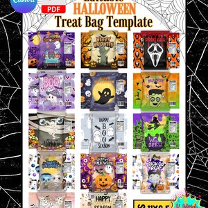 May include: A set of 12 printable Halloween treat bag templates featuring various spooky designs. The designs include ghosts, pumpkins, witches, and monsters. The templates are available in two sizes: 11x8.5 inches and 17x11 inches.
