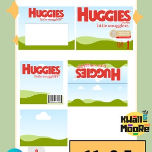 May include: Four printable templates featuring the Huggies Little Snugglers diaper logo. The templates are designed for a 11x8.5 inch print size. The templates feature a blue sky with white clouds and green hills. The templates are perfect for creating custom baby shower invitations, thank you cards, or other baby-related projects.