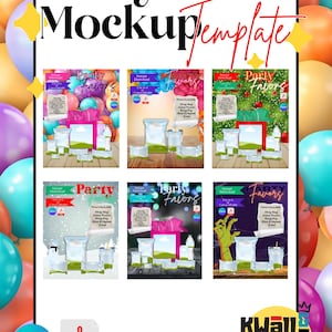 Puede incluir: Una plantilla de maqueta de recuerdos de fiesta con el texto "Party-Favor Mockup Template" en negro y rojo. La imagen presenta varias maquetas de recuerdos de fiesta con diversos fondos y diseños, incluyendo globos y cajas de regalo. Los logotipos de Canva y PDF también son visibles.