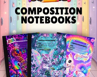 May include: Three composition notebooks featuring vibrant, colorful designs. The left notebook shows a leopard with butterfly wings, the center displays two white tiger cubs with wings in a forest, and the right features two kittens with unicorn horns.
