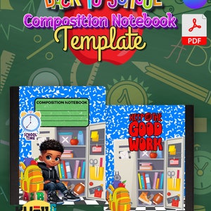 Puede incluir: Una plantilla de portada de cuaderno de composición azul y blanco con una ilustración de dibujos animados de un niño pequeño con una mochila, libros y un casillero escolar. El texto "Keep up the good work" está impreso en rojo en la portada. El cuaderno mide 19,05 x 24,13 cm.