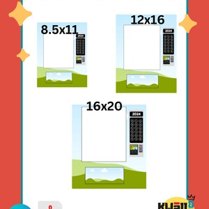 Könnte beinhalten: Drei leere Vorlagen für Vending-Maschinen-Designs in verschiedenen Größen: 8,5 x 11 Zoll, 12 x 16 Zoll und 16 x 20 Zoll. Jede Vorlage verfügt über einen weißen Hintergrund, einen grünen Grasbereich unten und einen schwarzen Automaten mit einem digitalen Display und Knöpfen.
