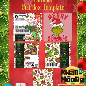 Puede incluir: Plantilla de caja de regalo imprimible con el Grinch. La plantilla incluye una variedad de dise&ntilde;os, incluyendo una cara de Grinch, un Grinch con una bolsa de regalos y un patr&oacute;n de Grinch. La plantilla est&aacute; disponible en tres tama&ntilde;os: 8x8x4, 8x8x8. El texto "Merry Grinchmas" est&aacute; incluido en la plantilla.