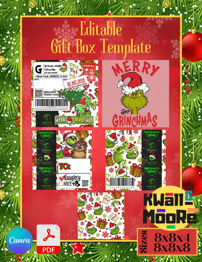 Puede incluir: Plantilla de caja de regalo imprimible con el Grinch. La plantilla incluye una variedad de dise&ntilde;os, incluyendo una cara de Grinch, un Grinch con una bolsa de regalos y un patr&oacute;n de Grinch. La plantilla est&aacute; disponible en tres tama&ntilde;os: 8x8x4, 8x8x8. El texto "Merry Grinchmas" est&aacute; incluido en la plantilla.