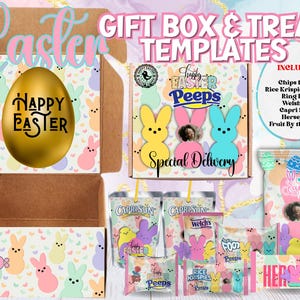 Puede incluir: Un conjunto de plantillas imprimibles de cajas de regalo y golosinas de Pascua con un pollito amarillo y un conejito azul con el texto "Feliz Pascua Peeps" y "Entrega especial". Las plantillas incluyen una caja, una bolsa y una envoltura. Las plantillas están diseñadas para ser utilizadas con una variedad de golosinas, como patatas fritas, Rice Krispies treats, Ring Pops, Welch's Capri Sun, Hershey's y Fruit by the Foot.