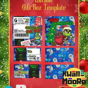 Puede incluir: Una plantilla de caja de regalo imprimible con el Grinch. La plantilla incluye una caja de la v&iacute;spera de Navidad del Grinch, una etiqueta de correo del Grinch, una etiqueta de To: Naughty or Nice y una etiqueta de Merry Grinchmas. La plantilla est&aacute; disponible en tres tama&ntilde;os: 8x8x4, 8x8x8.