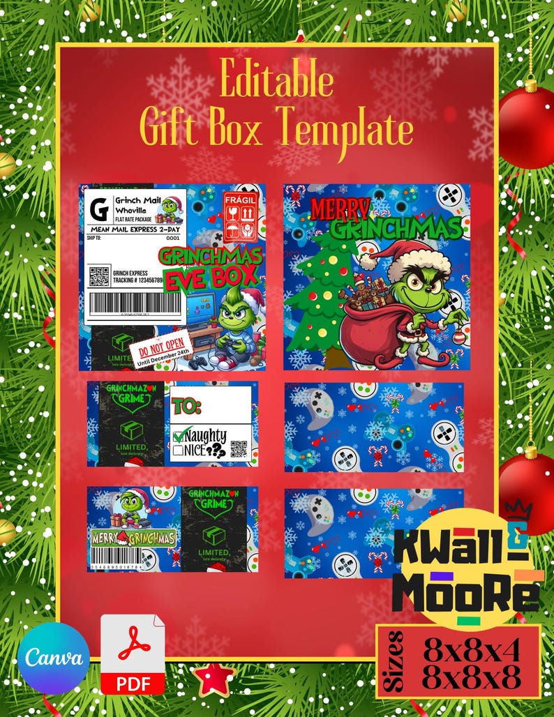 Puede incluir: Una plantilla de caja de regalo imprimible con el Grinch. La plantilla incluye una caja de la v&iacute;spera de Navidad del Grinch, una etiqueta de correo del Grinch, una etiqueta de To: Naughty or Nice y una etiqueta de Merry Grinchmas. La plantilla est&aacute; disponible en tres tama&ntilde;os: 8x8x4, 8x8x8.