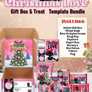May include: A Christmas gift box and treat template bundle in pink and white. The design includes a black cat with a red bow. Contents include a gift box, chips bags, Rice Krispies treats, Ring Pop, popcorn, Capri Sun, and other festive items.