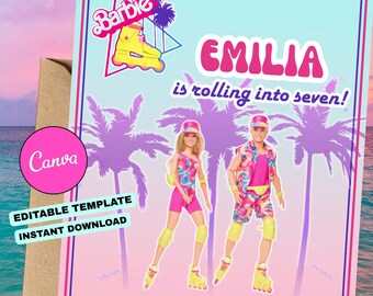 Roller-Skate Barbie Birthday Invite | Editable Canva Template | Instant Download