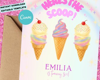 Ice Cream Birthday Invite | Editable Canva Template | Instant Download
