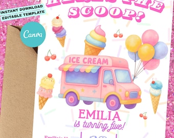 Ice Cream Birthday Invite | Editable Canva Template | Instant Download