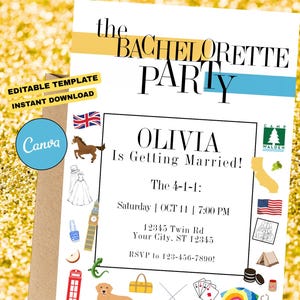 Può includere: Un invito bianco con il testo "the BACHELORETTE PARTY" e "OLIVIA Is Getting Married!" include illustrazioni di una bandiera britannica, un cavallo, un abito da sposa e altre icone. È un modello modificabile e scaricabile immediatamente.