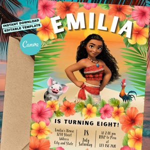 May include: A colorful birthday invitation featuring the name "EMILIA" above a cartoon character. The invitation includes the text "IS TURNING EIGHT!" and event details. Floral and tropical elements frame the design, with the Canva logo in the corner.