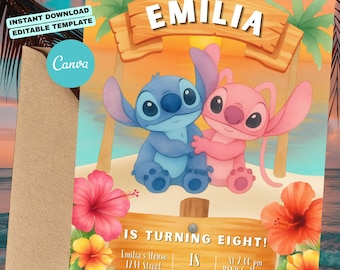 Stitch & Angel Birthday Invite | Editable Canva Template | Instant Download