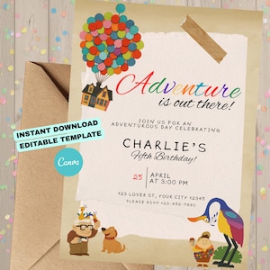 May include: A birthday invitation with a colorful design featuring a house lifted by balloons, and the text "Adventure is out there!". The invitation includes the text "Charlie's Fifth Birthday!" and event details.