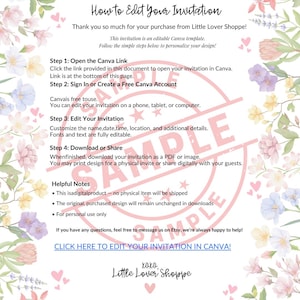May include: A floral-themed invitation template with instructions on how to edit in Canva. The document includes steps to open the link, sign in, edit, and download. The text is surrounded by watercolor flowers and hearts.