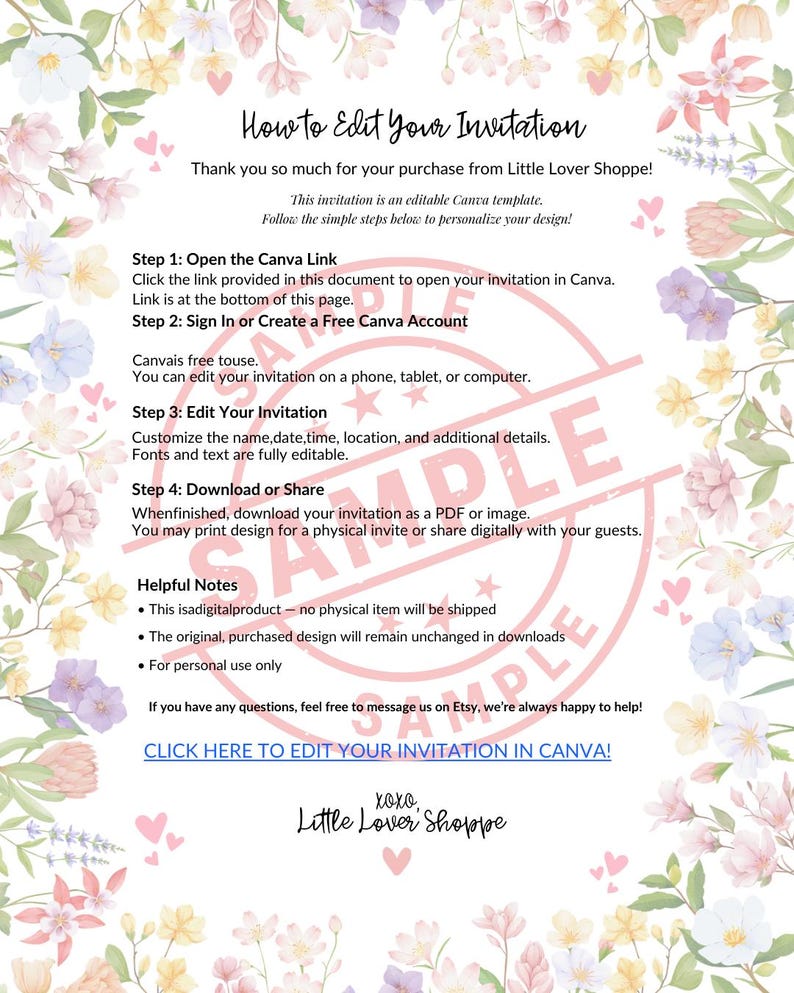 May include: A floral-themed invitation template with instructions on how to edit in Canva. The document includes steps to open the link, sign in, edit, and download. The text is surrounded by watercolor flowers and hearts.