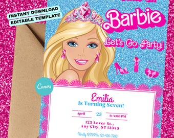Barbie Birthday Invite | Editable Canva Template | Instant Download