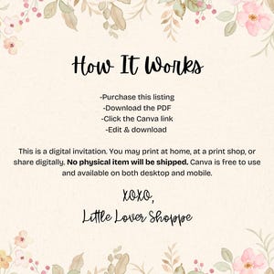May include: Digital invitation with floral design. The text "How It Works" is displayed, followed by instructions. The invitation is available for download and editing via Canva. The design features pink roses and greenery.