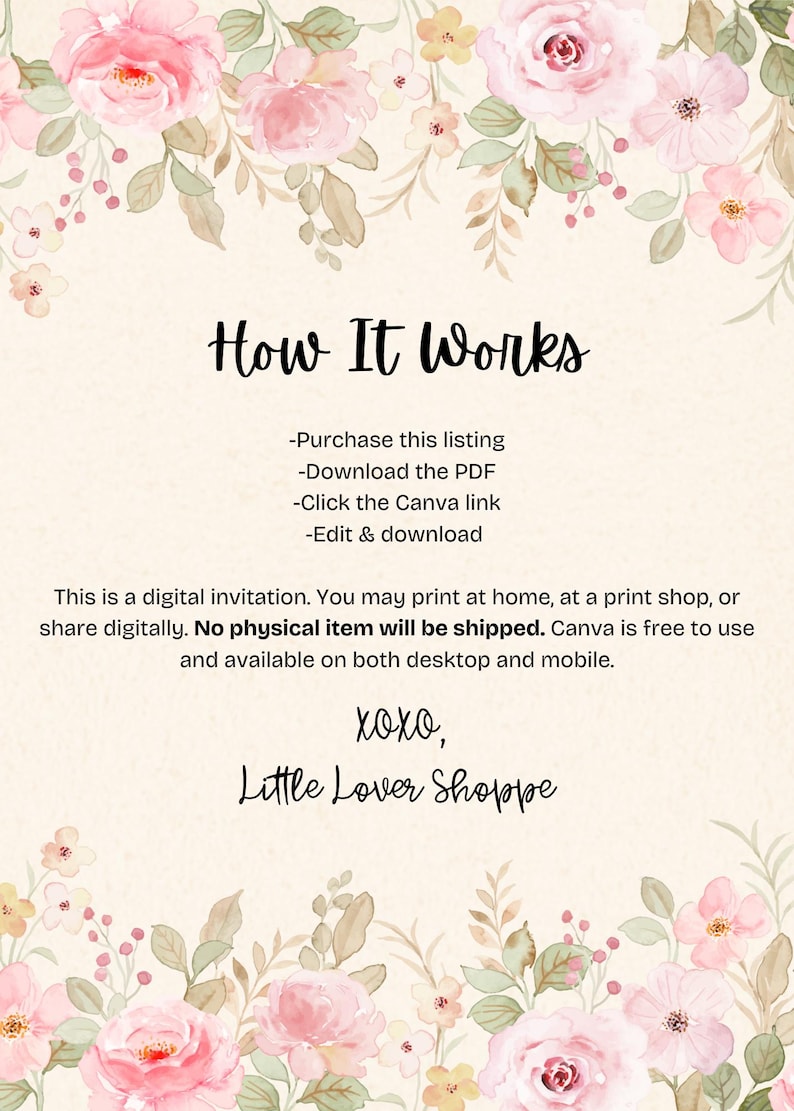 May include: Digital invitation with floral design. The text "How It Works" is displayed, followed by instructions. The invitation is available for download and editing via Canva. The design features pink roses and greenery.
