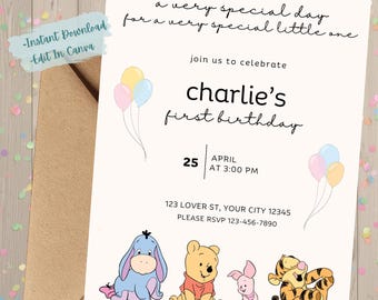 Winnie The Pooh First Birthday Invite | Editable Canva Template | Instant Download