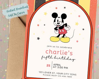 Vintage Mickey Birthday Invite | Editable Canva Template | Instant Download