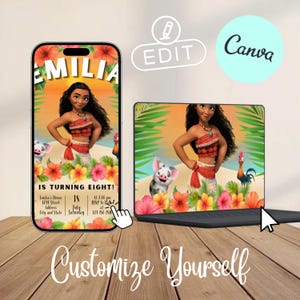 May include: A digital invitation design featuring a cartoon character in a red and white outfit, with the text "EMILIA IS TURNING EIGHT!" displayed on a phone and laptop screen. The design includes floral and tropical elements, with the Canva and Edit logos visible.