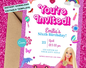 Barbie Birthday Invite | Editable Canva Template | Instant Download