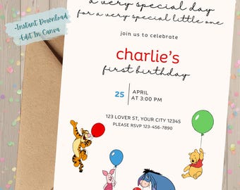 Winnie The Pooh First Birthday Invite | Editable Canva Template | Instant Download
